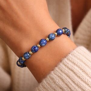 Artisan Blue Marbled Glass Bead Stretch Bracelet Gold Spacer Boho Jewelry